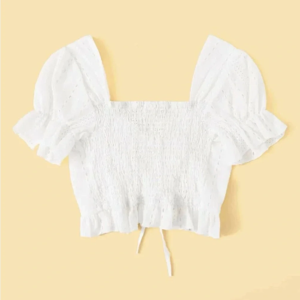 White Eyelet Embroidery Cropped Drawstring-Tie Ruched-Front Top
